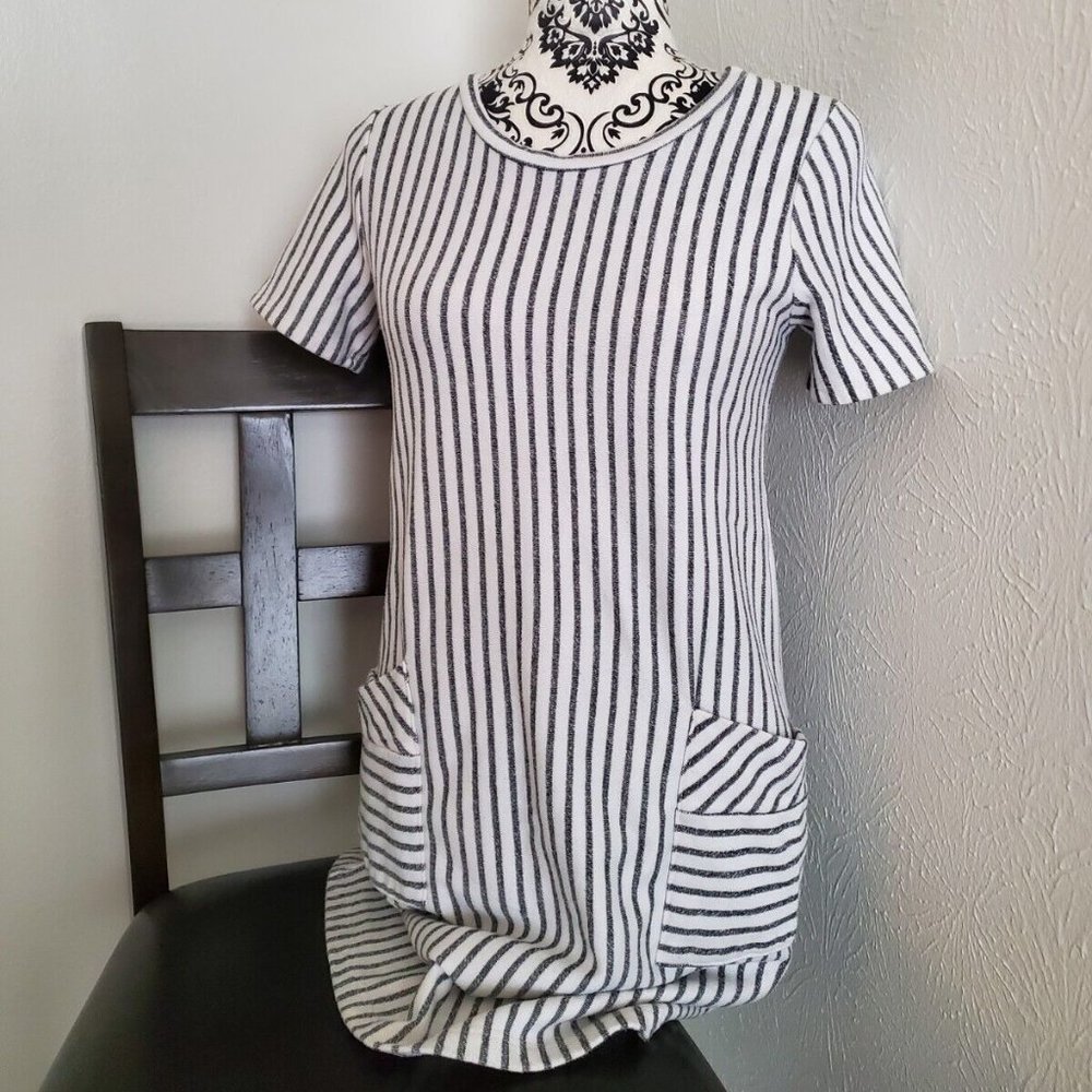 Anthropologie LAZY SUNDAY Stripe Pocket Shirt Dress Women White Black S EUC
